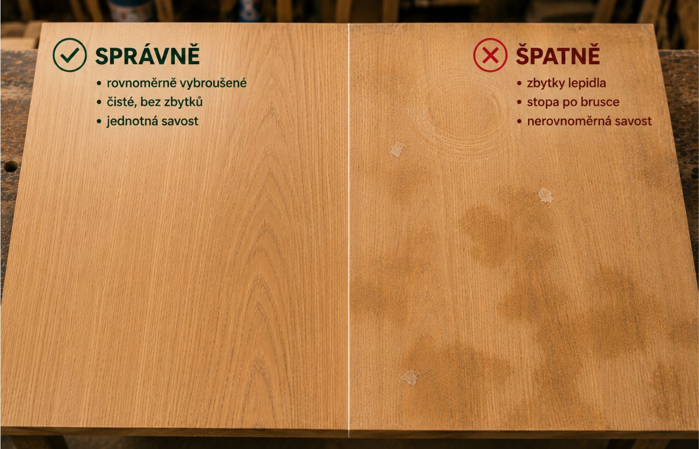 Detail správně připraveného a nedostatečně připraveného dřeva